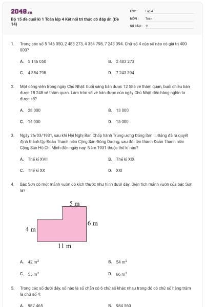 Bộ 15 đề cuối kì 1 Toán lớp 4 Kết nối tri thức có đáp án (Đề 14)