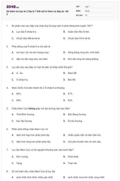 Đề kiểm tra học kì 2 Địa lý 7 Kết nối tri thức có đáp án- Đề 2