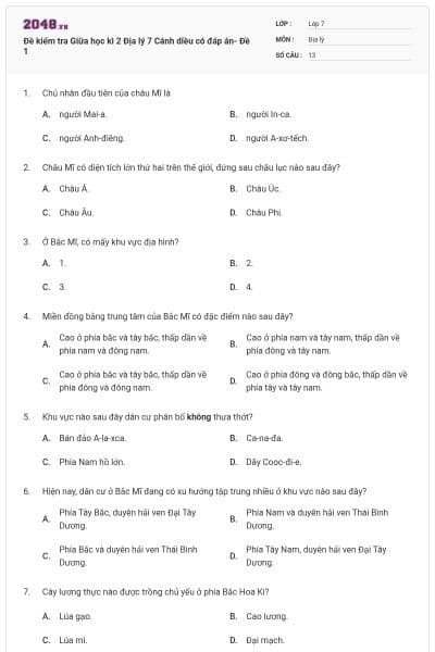 Đề kiểm tra Giữa học kì 2 Địa lý 7 Cánh diều có đáp án- Đề 1