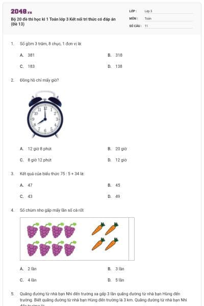 Bộ 20 đề thi học kì 1 Toán lớp 3 Kết nối tri thức có đáp án (Đề 13)