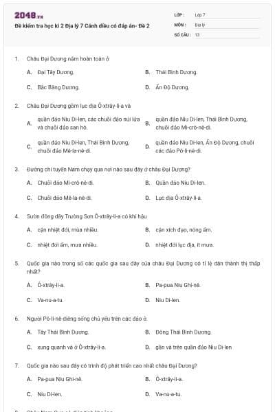 Đề kiểm tra học kì 2 Địa lý 7 Cánh diều có đáp án- Đề 2