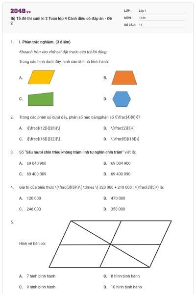 Bộ 15 đề thi cuối kì 2 Toán lớp 4 Cánh diều có đáp án - Đề 2