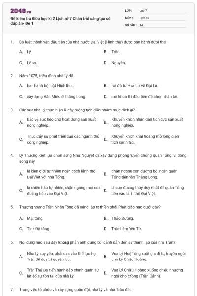 Đề kiểm tra Giữa học kì 2 Lịch sử 7 Chân trời sáng tạo có đáp án- Đề 1