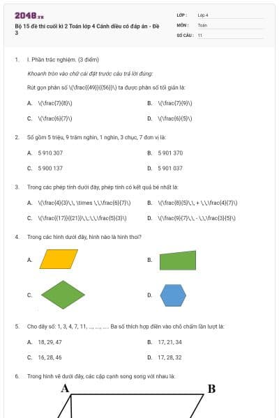 Bộ 15 đề thi cuối kì 2 Toán lớp 4 Cánh diều có đáp án - Đề 3