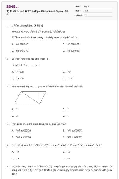 Bộ 15 đề thi cuối kì 2 Toán lớp 4 Cánh diều có đáp án - Đề 4