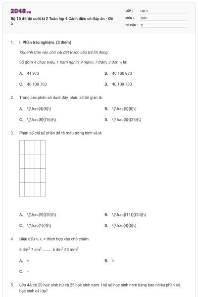 Bộ 15 đề thi cuối kì 2 Toán lớp 4 Cánh diều có đáp án - Đề 5