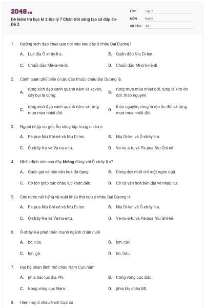 Đề kiểm tra học kì 2 Địa lý 7 Chân trời sáng tạo có đáp án- Đề 2