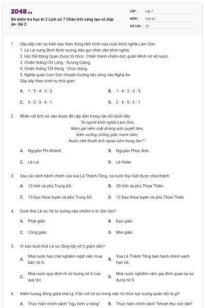 Đề kiểm tra học kì 2 Lịch sử 7 Chân trời sáng tạo có đáp án- Đề 2