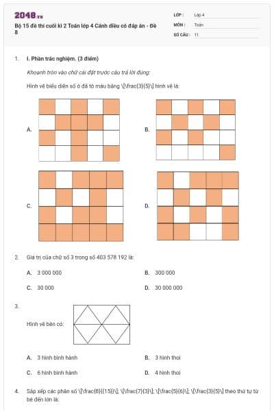 Bộ 15 đề thi cuối kì 2 Toán lớp 4 Cánh diều có đáp án - Đề 8