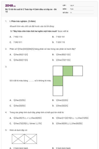 Bộ 15 đề thi cuối kì 2 Toán lớp 4 Cánh diều có đáp án - Đề 10