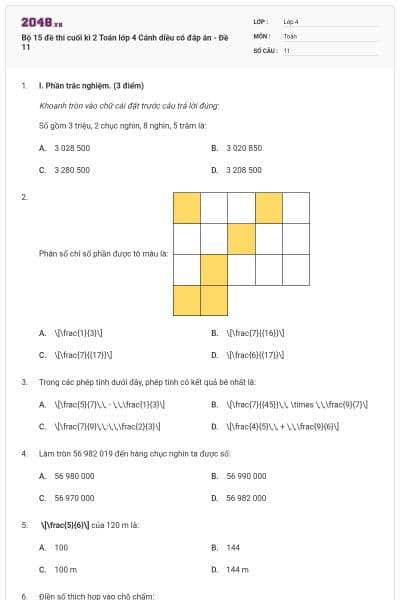 Bộ 15 đề thi cuối kì 2 Toán lớp 4 Cánh diều có đáp án - Đề 11