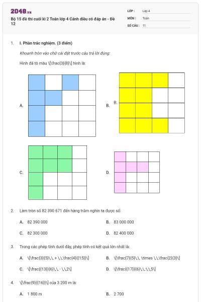 Bộ 15 đề thi cuối kì 2 Toán lớp 4 Cánh diều có đáp án - Đề 12