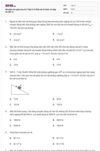 Đề kiểm tra giữa học kì 2 Vật lí 10 Kết nối tri thức có đáp án (Đề 1)
