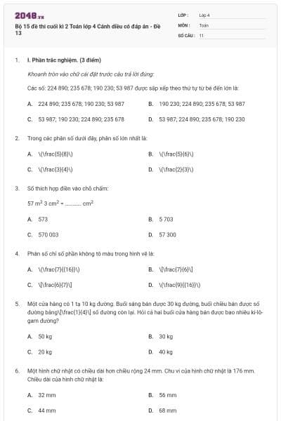 Bộ 15 đề thi cuối kì 2 Toán lớp 4 Cánh diều có đáp án - Đề 13