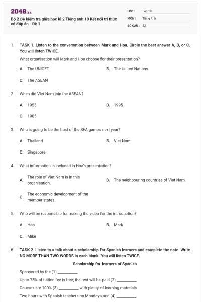 Bộ 2 Đề kiểm tra giữa học kì 2 Tiếng anh 10 Kết nối tri thức có đáp án - Đề 1