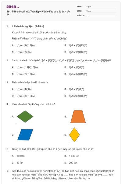 Bộ 15 đề thi cuối kì 2 Toán lớp 4 Cánh diều có đáp án - Đề 14