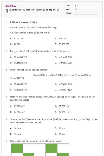 Bộ 15 đề thi cuối kì 2 Toán lớp 4 Cánh diều có đáp án - Đề 15
