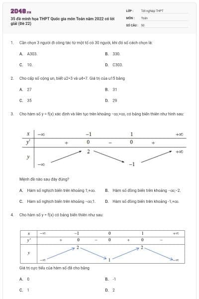 35 đề minh họa THPT Quốc gia môn Toán năm 2022 có lời giải (Đề 22)