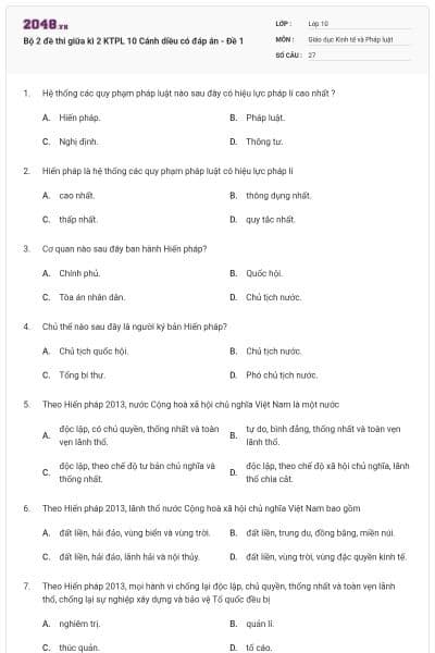 Bộ 2 đề thi giữa kì 2 KTPL 10 Cánh diều có đáp án - Đề 1