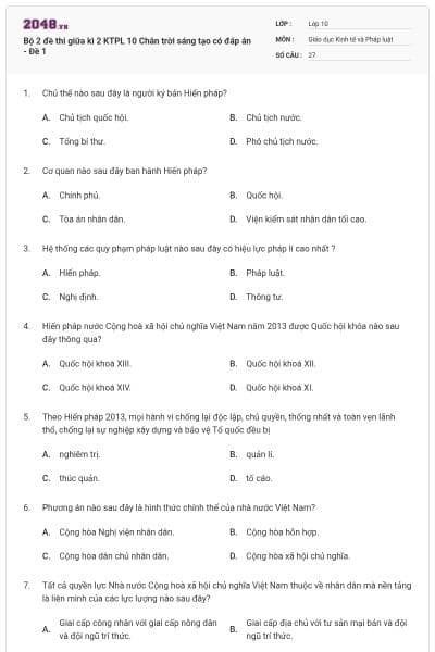 Bộ 2 đề thi giữa kì 2 KTPL 10 Chân trời sáng tạo có đáp án - Đề 1