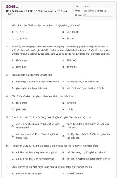 Bộ 2 đề thi giữa kì 2 KTPL 10 Chân trời sáng tạo có đáp án - Đề 2