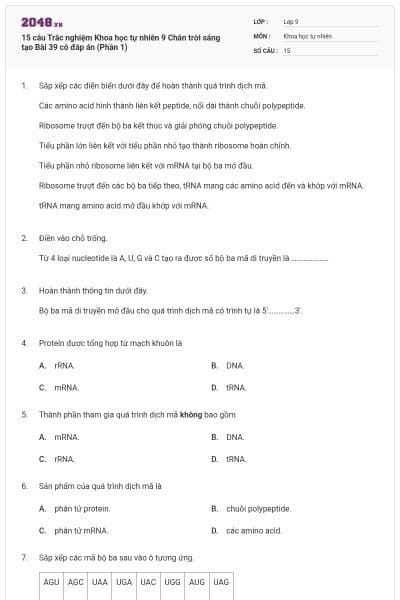 15 câu Trắc nghiệm Khoa học tự nhiên 9 Chân trời sáng tạo Bài 39 có đáp án (Phần 1)