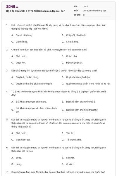 Bộ 2 đề thi cuối kì 2 KTPL 10 Cánh diều có đáp án - Đề 1