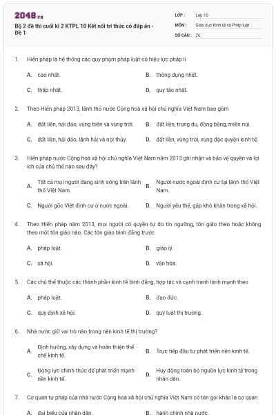 Bộ 2 đề thi cuối kì 2 KTPL 10 Kết nối tri thức có đáp án - Đề 1