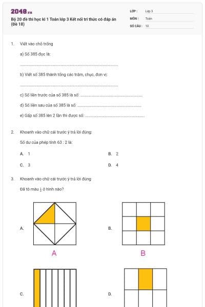 Bộ 20 đề thi học kì 1 Toán lớp 3 Kết nối tri thức có đáp án (Đề 18)