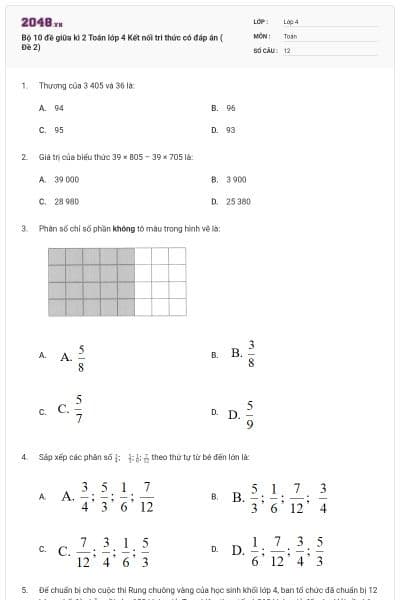 Bộ 10 đề giữa kì 2 Toán lớp 4 Kết nối tri thức có đáp án ( Đề 2)