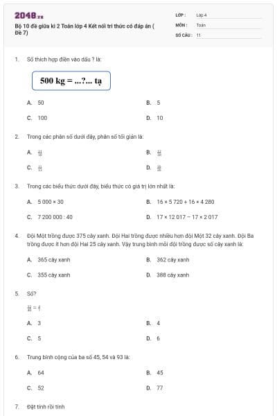 Bộ 10 đề giữa kì 2 Toán lớp 4 Kết nối tri thức có đáp án ( Đề 7)