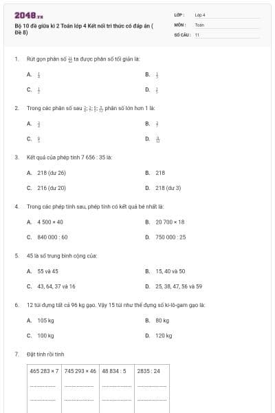 Bộ 10 đề giữa kì 2 Toán lớp 4 Kết nối tri thức có đáp án ( Đề 8)