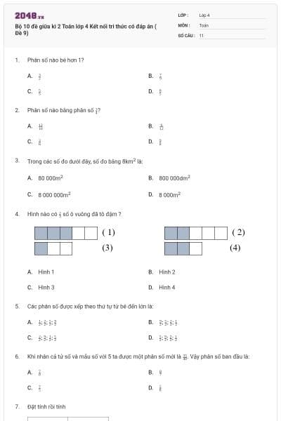 Bộ 10 đề giữa kì 2 Toán lớp 4 Kết nối tri thức có đáp án ( Đề 9)