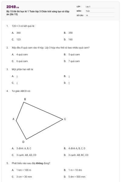 Bộ 15 Đề thi học kì 1 Toán lớp 3 Chân trời sáng tạo có đáp án (Đề 15)