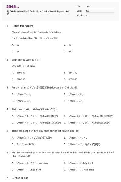 Bộ 20 đề thi cuối kì 2 Toán lớp 4 Cánh diều có đáp án - Đề 16