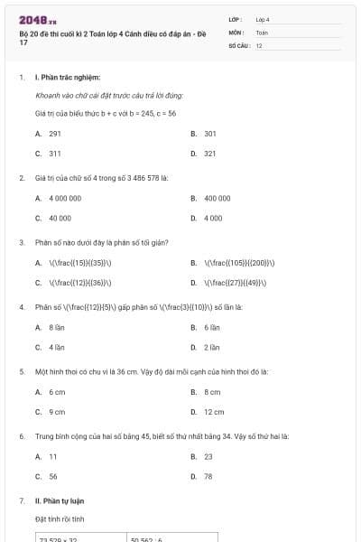 Bộ 20 đề thi cuối kì 2 Toán lớp 4 Cánh diều có đáp án - Đề 17