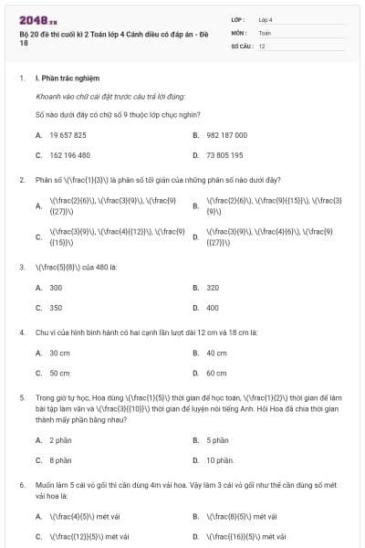Bộ 20 đề thi cuối kì 2 Toán lớp 4 Cánh diều có đáp án - Đề 18