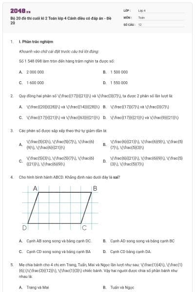 Bộ 20 đề thi cuối kì 2 Toán lớp 4 Cánh diều có đáp án - Đề 20