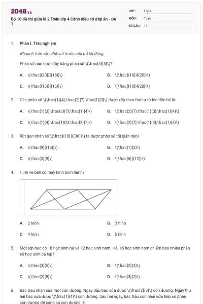 Bộ 10 đề thi giữa kì 2 Toán lớp 4 Cánh diều có đáp án - Đề 1