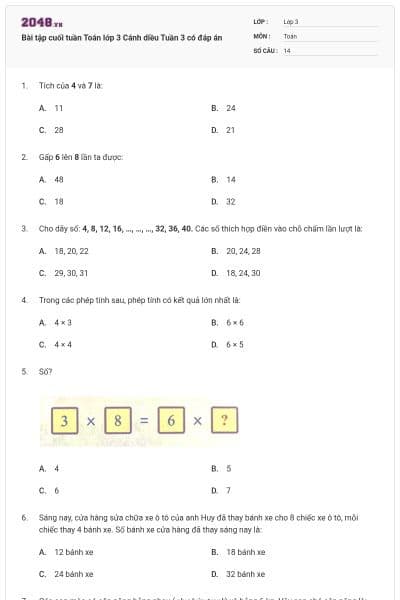 Bài tập cuối tuần Toán lớp 3 Cánh diều Tuần 3 có đáp án
