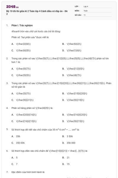 Bộ 10 đề thi giữa kì 2 Toán lớp 4 Cánh diều có đáp án - Đề 2