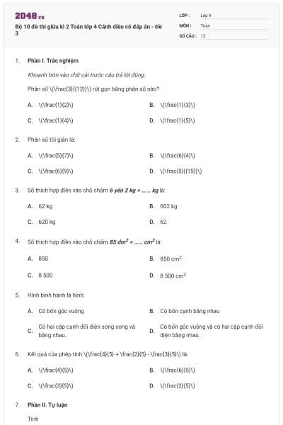 Bộ 10 đề thi giữa kì 2 Toán lớp 4 Cánh diều có đáp án - Đề 3