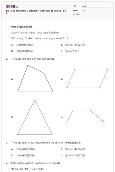 Bộ 10 đề thi giữa kì 2 Toán lớp 4 Cánh diều có đáp án - Đề 4
