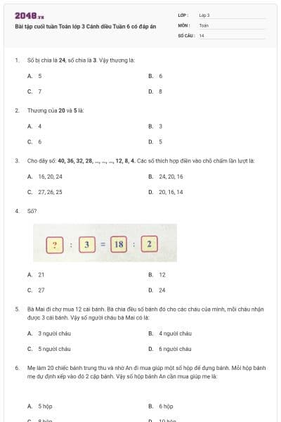 Bài tập cuối tuần Toán lớp 3 Cánh diều Tuần 6 có đáp án