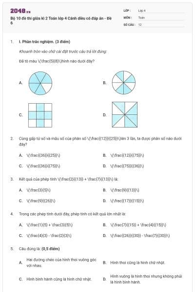 Bộ 10 đề thi giữa kì 2 Toán lớp 4 Cánh diều có đáp án - Đề 6