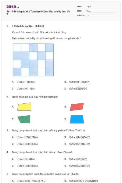 Bộ 10 đề thi giữa kì 2 Toán lớp 4 Cánh diều có đáp án - Đề 7