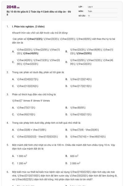 Bộ 10 đề thi giữa kì 2 Toán lớp 4 Cánh diều có đáp án - Đề 8