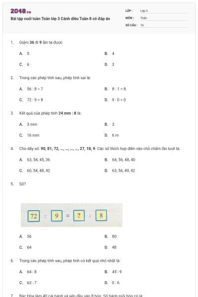 Bài tập cuối tuần Toán lớp 3 Cánh diều Tuần 8 có đáp án
