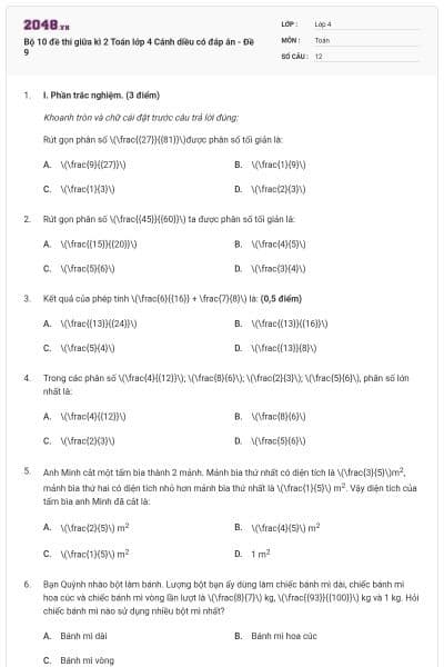 Bộ 10 đề thi giữa kì 2 Toán lớp 4 Cánh diều có đáp án - Đề 9