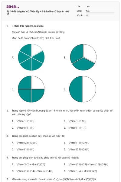 Bộ 10 đề thi giữa kì 2 Toán lớp 4 Cánh diều có đáp án - Đề 10